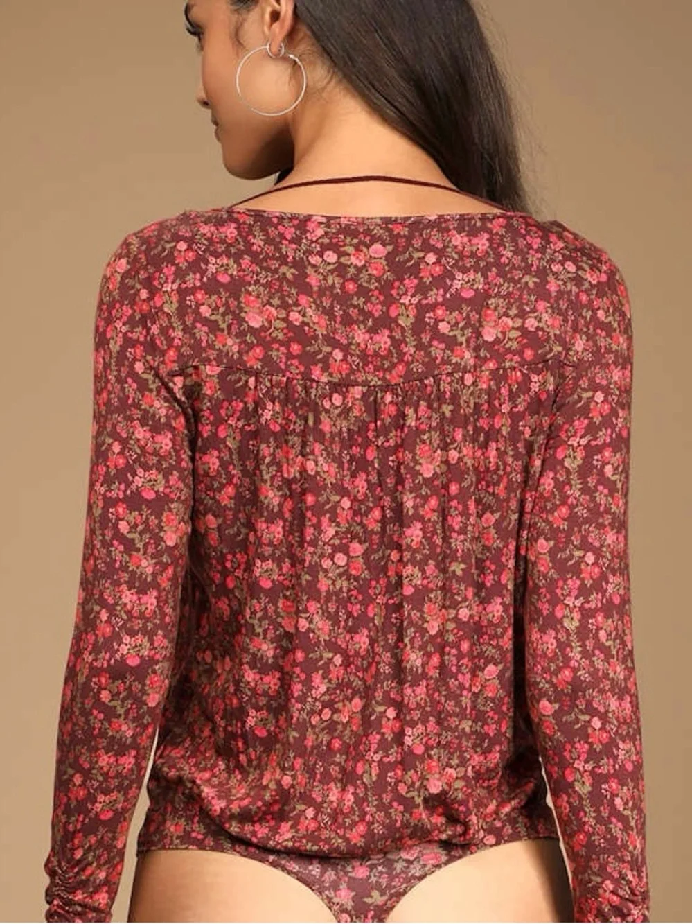 Free People Kaya Floral Printed Cutout Bodysuit Size L Chocolate Red
